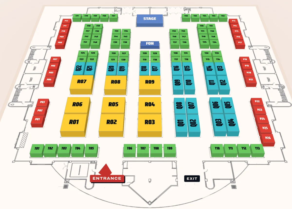 3D view of the Hall C booth layout with the stage, booth rows and F&B booths along the walls