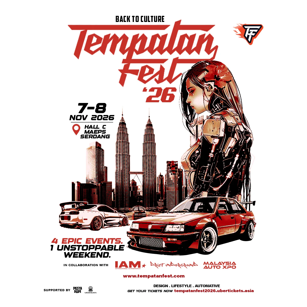 Tempatan Fest '26 official poster: Back To Culture. 7–8 Nov 2026, MAEPS Serdang. 4 epic events, 1 unstoppable weekend. In collaboration with IAM, Drift Underground and Malaysia Auto Xpo.